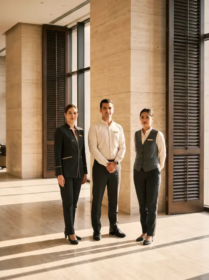 Otel lobisinde kurumsal üniformalı üç çalışan