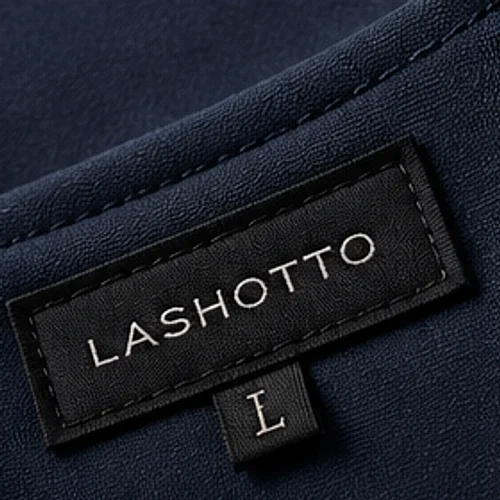 Lacivert kumaşa dikilmiş LASHOTTO dokuma etiketi