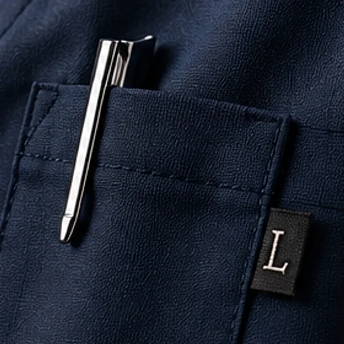 A pen in a navy chest pocket beside a woven L tab