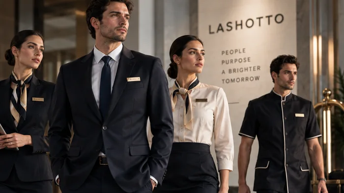 Four staff in corporate uniform in a hotel lobby