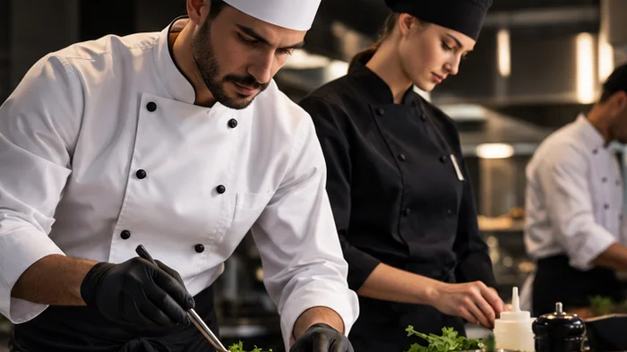 Two chefs in chef jackets in a professional kitchen